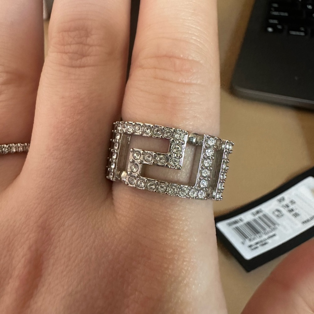 Versace Size 23 Silver Crystal Greca Ring